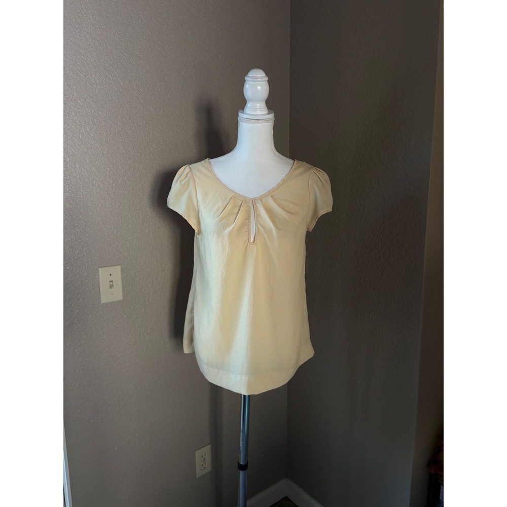 William B Womens Short Sleeve Keyhole Pleated Blouse Pale Yellow Size L